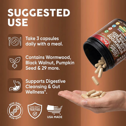 Clean Nutra Wormwood Black Walnut Pumpkin Seed Clove Oil Celery Garlic Grape Papaya Neem Diatomaceous Earth Womens Probiotic Gut Health Cleanse Detox Oregano Clean Nutraceuticals