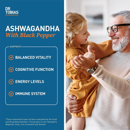 Dr. Tobias Ashwagandha Capsules - 1300mg Organic Ashwagandha Root Extract Per Serving with Black Pepper | Calming Adaptogen Energy & Focus Supplement (60 Vegetarian Capsules)