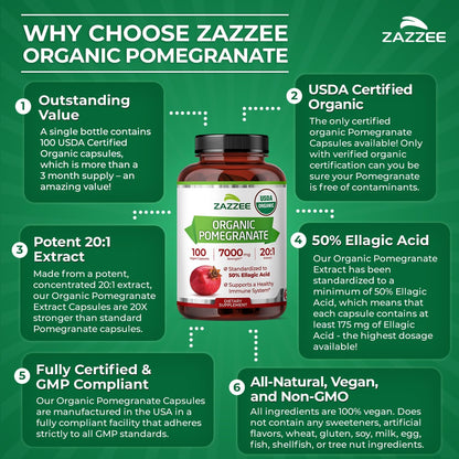 Zazzee USDA Organic Pomegranate 20:1 Extract, 50% Ellagic Acid 100 Capsules | Vegan, 3+ Month Supply, Punica Granatum, Antioxidant, Immune & Polyphenol Support, All-Natural, Non-GMO, Made in the USA Gsupps Australia