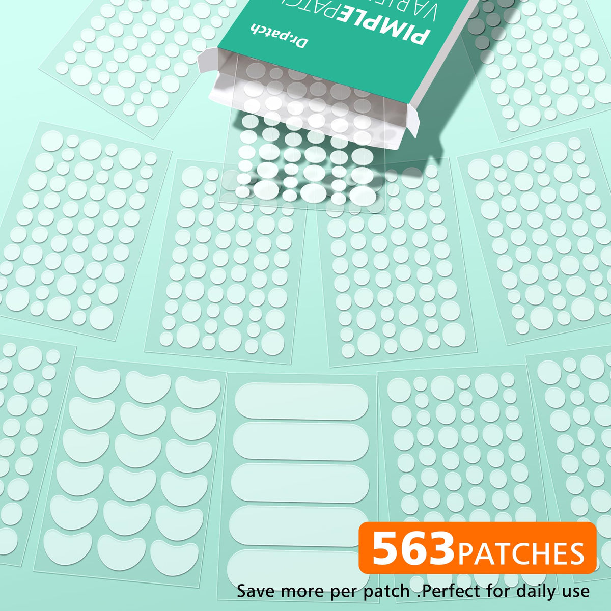 Dr.patch 563 Count Pimple Patches - Hydrocolloid Acne Patches for Face & Body, Invisible Thin, Large & Small Sizes for Whiteheads, Zits & Breakouts (Dots, Strip, Contoured 6 Sizes) Dr.patch