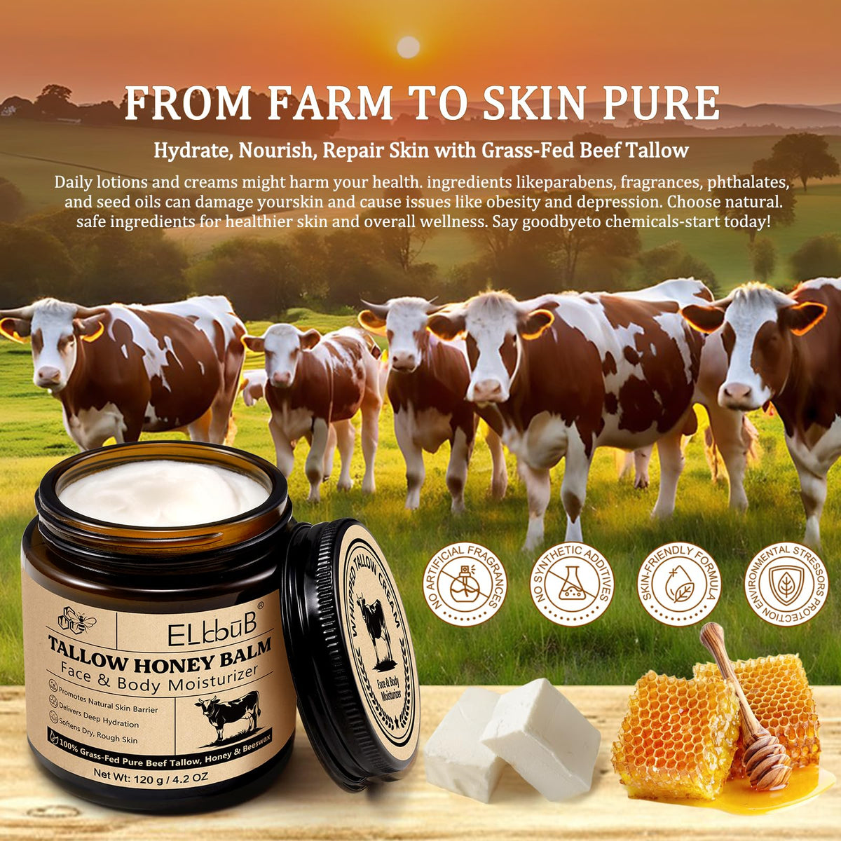 ELBBUB Whipped Tallow Cream for Face & Body - 100% Grass-Fed Beef Tallow, Natural Honey & Beeswax Moisturizer, Deep Hydration & Nourishment, Oil-Free & Unscented, Fast Absorbing ELBBUB