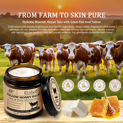 ELBBUB Whipped Tallow Cream for Face & Body - 100% Grass-Fed Beef Tallow, Natural Honey & Beeswax Moisturizer, Deep Hydration & Nourishment, Oil-Free & Unscented, Fast Absorbing ELBBUB