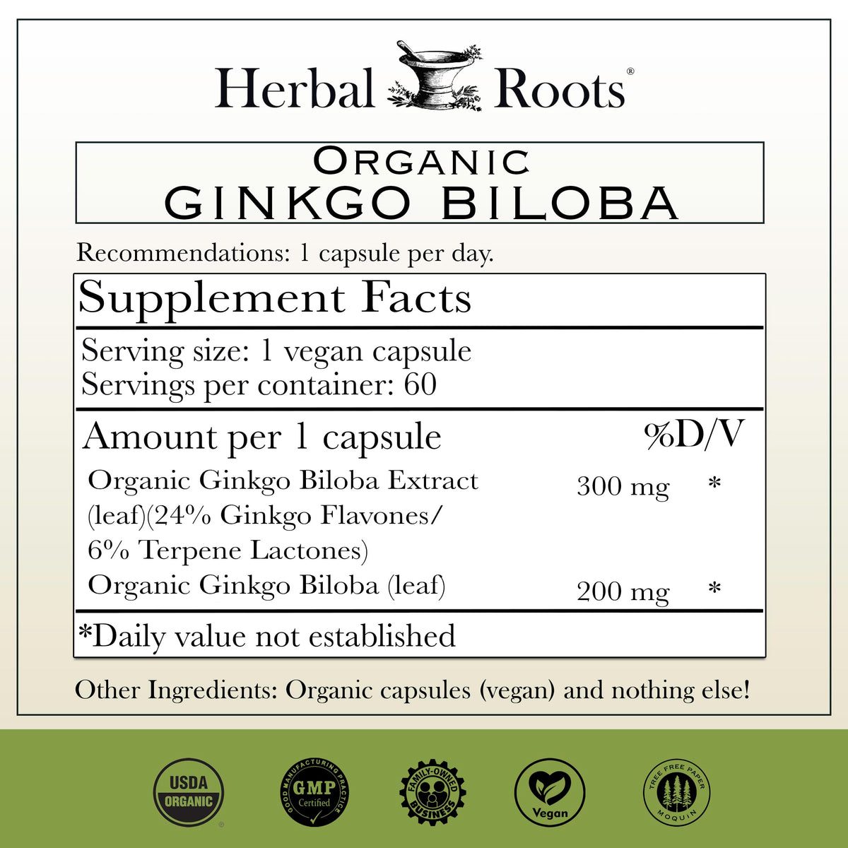 Herbal Roots Organic Ginkgo Biloba Made with Pure Organic Ginkgo Leaf and Extract - 60 Vegan Capsules Herbal Roots