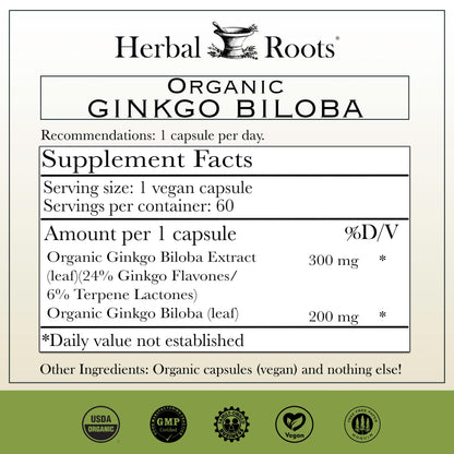 Herbal Roots Organic Ginkgo Biloba Made with Pure Organic Ginkgo Leaf and Extract - 60 Vegan Capsules Herbal Roots