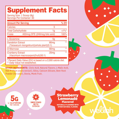 Wellah L-Glutamine Strawberry Lemonade Flavored (50 Servings) - 5g L-Glutamine Per Serving, Sweetened with Stevia Wellah