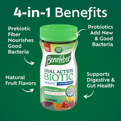 Benefiber Prebiotic  Friendly Fiber Supplement Gummies with Probiotics for Digestive Health, Assorted Fruit Flavors - 50 Count Benefiber