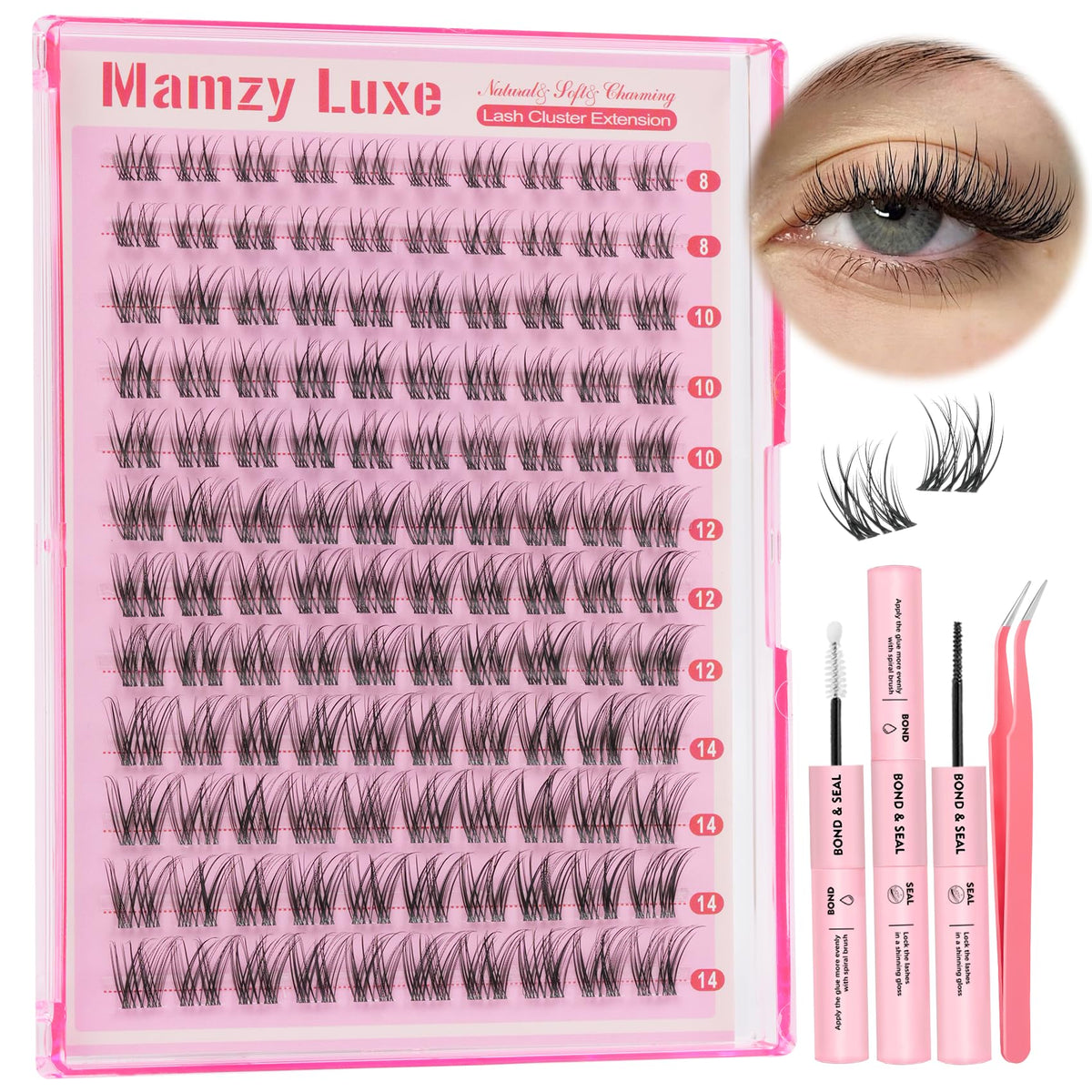 Natural Lash Clusters Kit Short Wispy Eyelash Clusters 8-14MM Clear Band Cluster Lashes Extensions Kit 120Pcs CC-Curly Daily Exquisite Eyelashes Clusters with Bond and Seal and Tweezers Mamzy Luxe