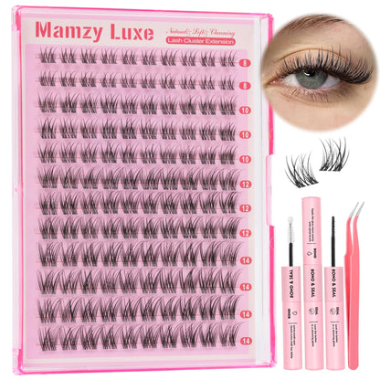 Natural Lash Clusters Kit Short Wispy Eyelash Clusters 8-14MM Clear Band Cluster Lashes Extensions Kit 120Pcs CC-Curly Daily Exquisite Eyelashes Clusters with Bond and Seal and Tweezers Mamzy Luxe