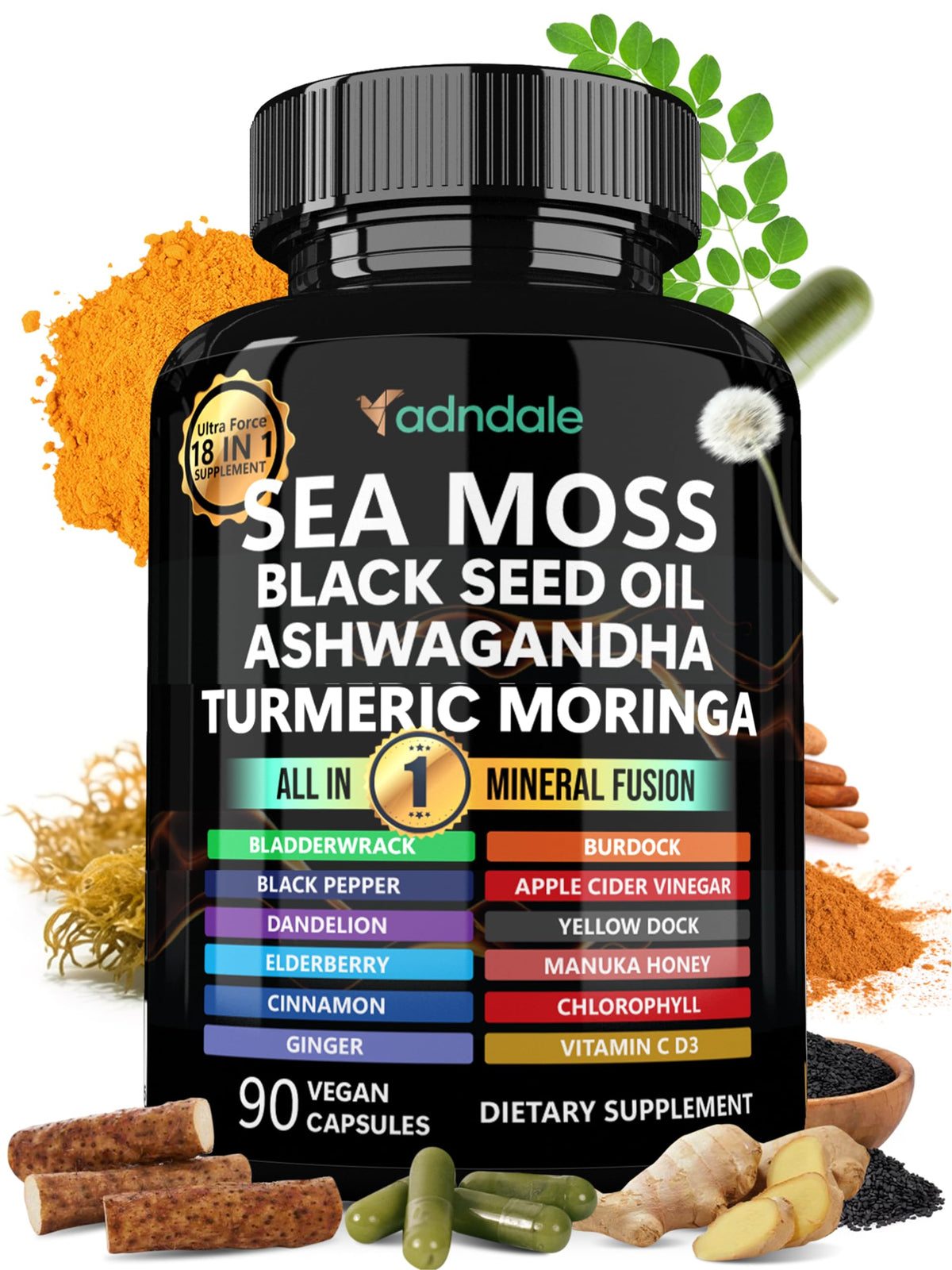 Adndale Sea Moss Capsules - Sea Moss Blend with Ashwagandha, Turmeric- 90 Count Adndale