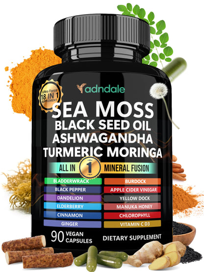 Adndale Sea Moss Capsules - Sea Moss Blend with Ashwagandha, Turmeric- 90 Count Adndale