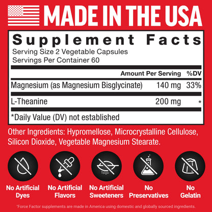 Force Factor Magnesium + L-Theanine, Magnesium Bisglycinate Supplement to Support Bones, Muscles, Nerves, Relaxation, and Mood, Vegan Force Factor