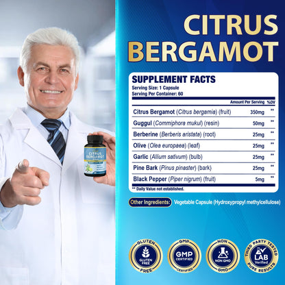 Cadane 2 Packs Citrus Bergamot Extract Capsules with Berberine, Olive, Guggul, Garlic, Pine Bark, Black Pepper | 4 Months Supply Organic Cadane