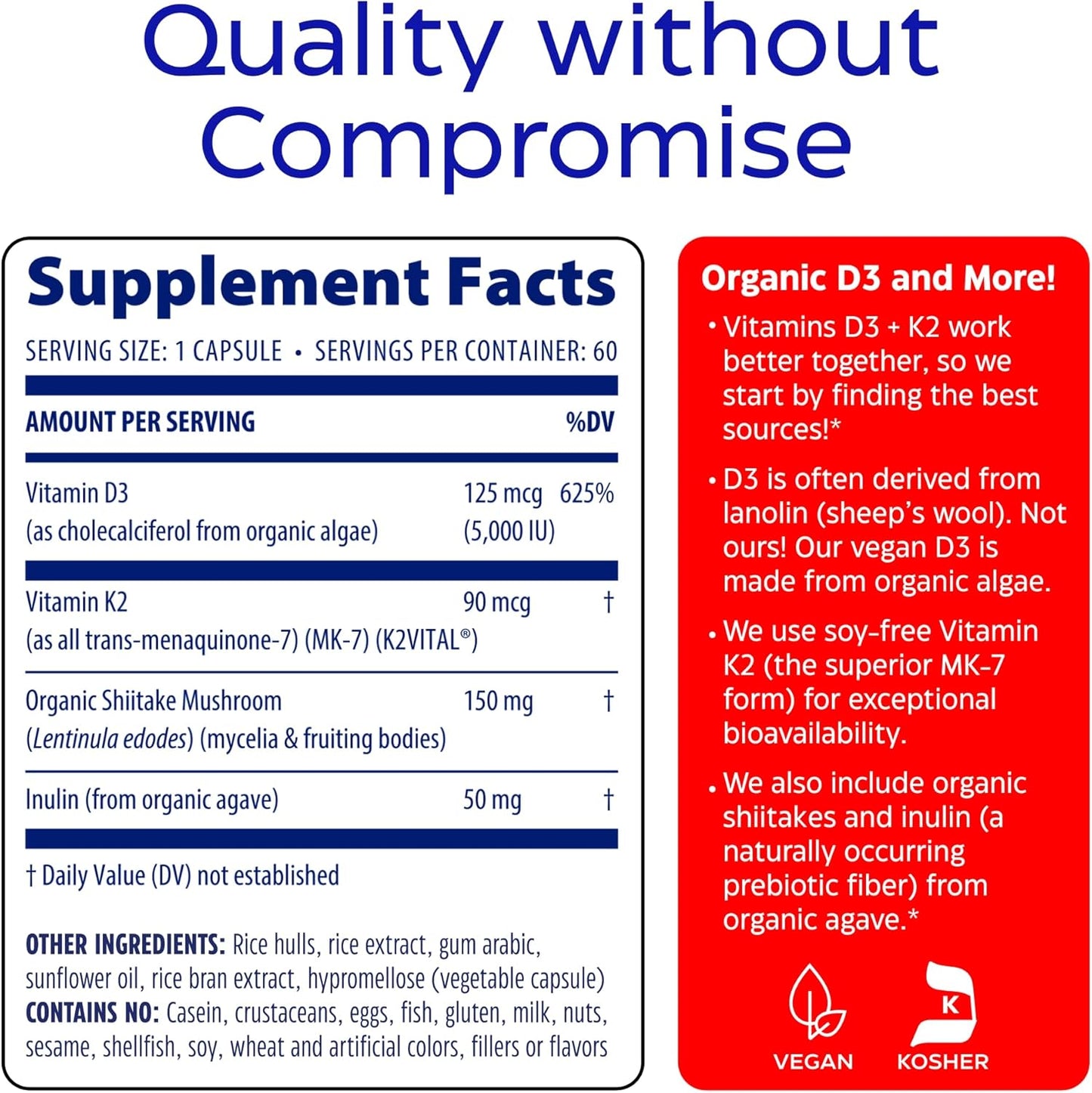Enzymedica Vitamin D3 and K2 Supplement Caps for Men & Women - VIT D3 5000 IU & VIT K2 MK-7 90 mcg, Immune & Bone Health Support, Features Shitake Mushrooms & Prebiotic Fiber, Vegan - 60 Capsules Gsupps Australia