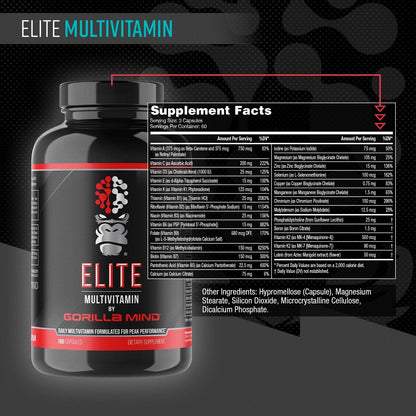 Gorilla Mind Elite Multi-Vitamin (180 Capsules) – Daily Multivitamin Formulated for Peak Performance | 27 Nutrients to Backfill Micronutrient Shortcomings