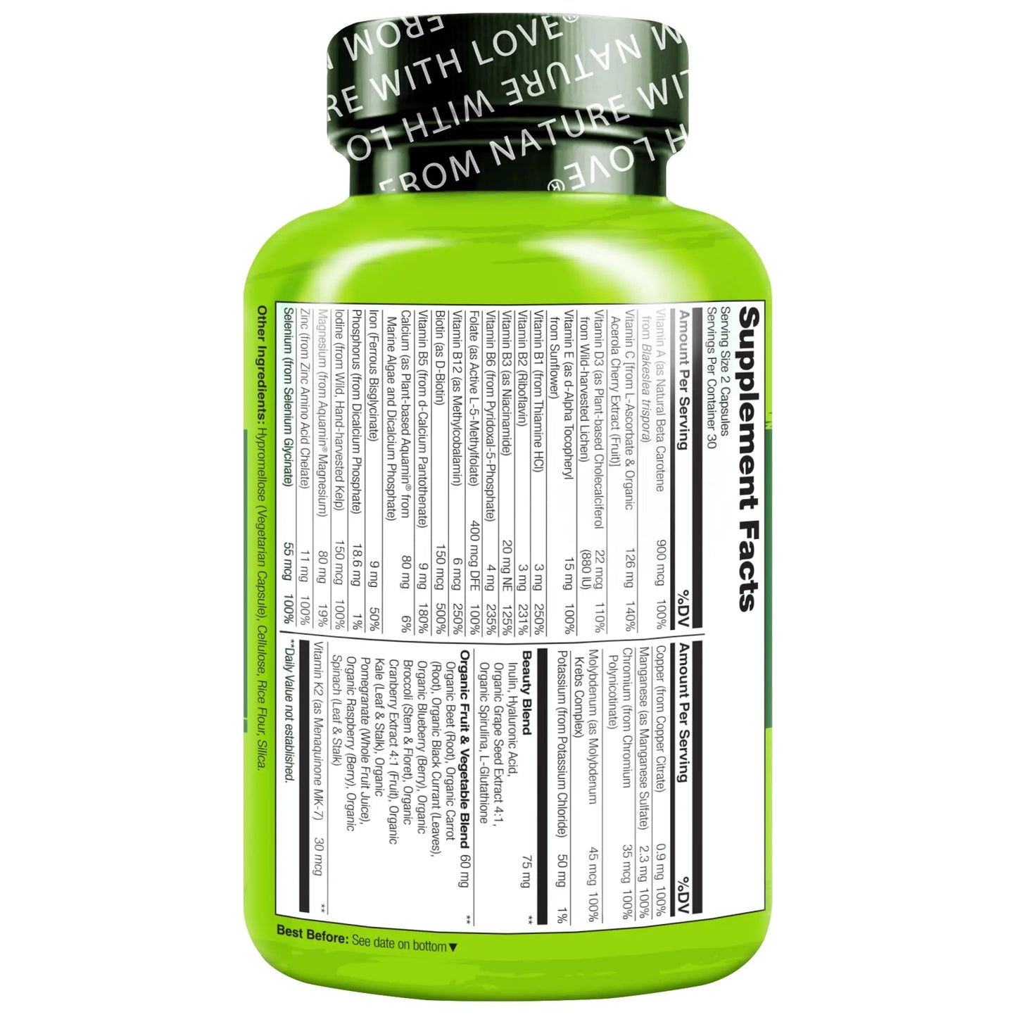 NATURELO Whole Food Multivitamin with Extra Hair, Skin and Nails Support - Beauty Blend with Hyaluronic Acid & Grape Seed - High Potency Biotin, Vitamin C NATURELO