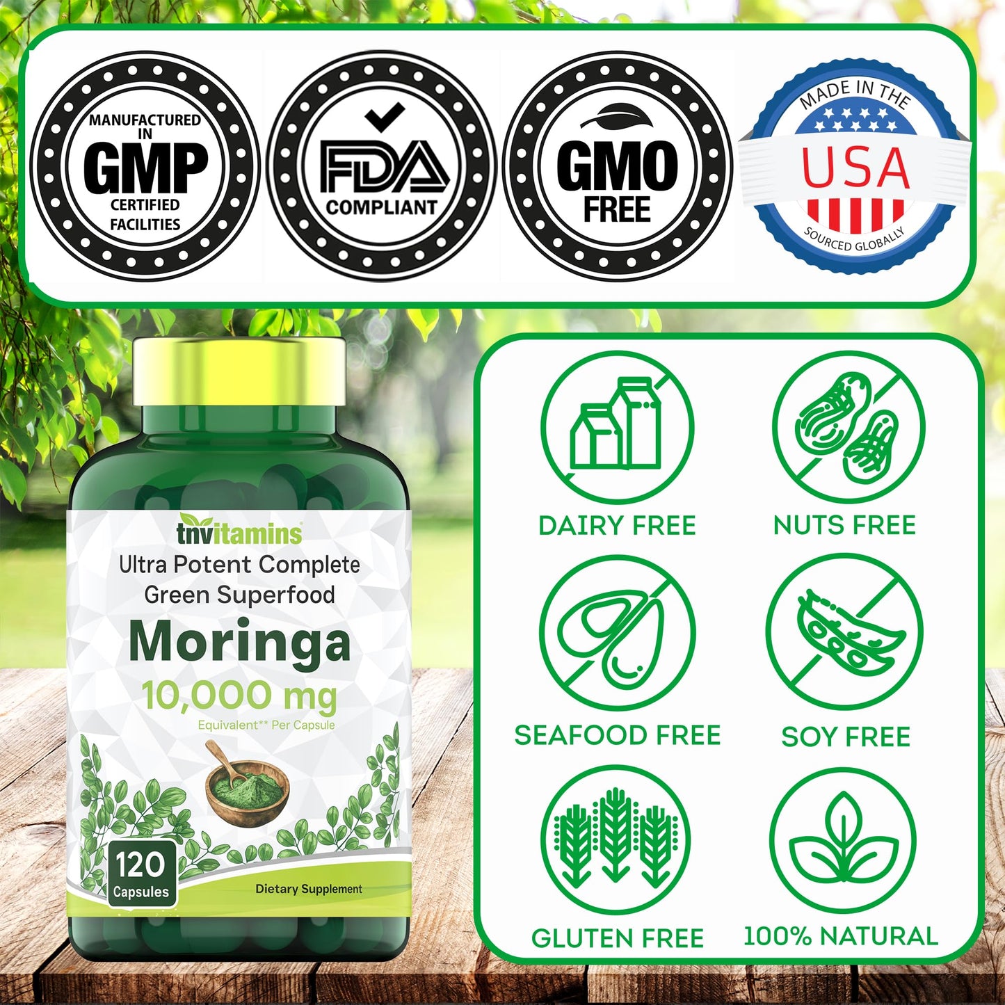 tnvitamins Moringa Capsules 10,000 mg - 120 Capsules | High Potency Moringa Leaf Extract Superfood Supplement for Energy tnvitamins