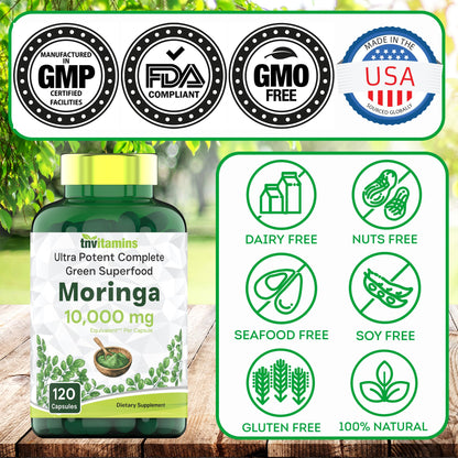 tnvitamins Moringa Capsules 10,000 mg - 120 Capsules | High Potency Moringa Leaf Extract Superfood Supplement for Energy tnvitamins