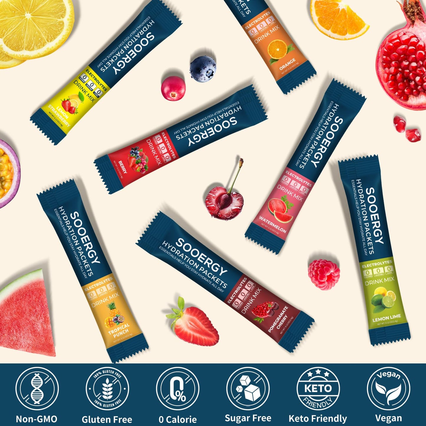 Sooergy Electrolytes Powder Packets Sugar Free Hydration Packets, 7 Flavors Liquid Daily IV Electrolyte Drink Mixes for Rehydration Sooergy