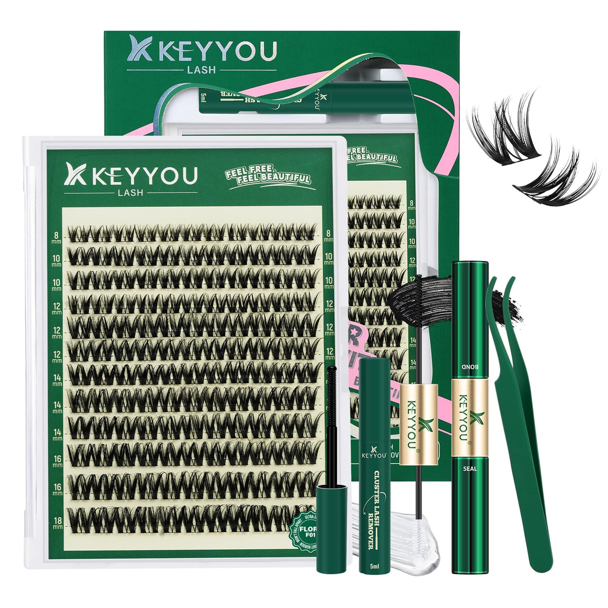 KEYYOU Flora Lash Clusters Kit Flaunt D Curl Natural Lashes 132pcs Lash Extension Kit 8-18mix Lash Clusters Fluffy Lashes with Ultra-Thin Soft Band with Remover Waterproof Bond and Seal(F01 Kit) KEYYOU