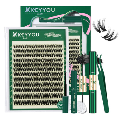 KEYYOU Flora Lash Clusters Kit Flaunt D Curl Natural Lashes 132pcs Lash Extension Kit 8-18mix Lash Clusters Fluffy Lashes with Ultra-Thin Soft Band with Remover Waterproof Bond and Seal(F01 Kit) KEYYOU