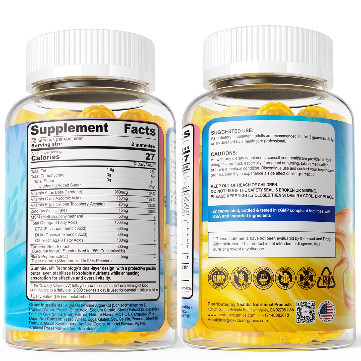 Vegan Omega-3 Gummies 1000mg + Turmeric - Omega 3 Fish Oil Alternative for Adults - Algae DHA 600mg & EPA 300mg Nextdia