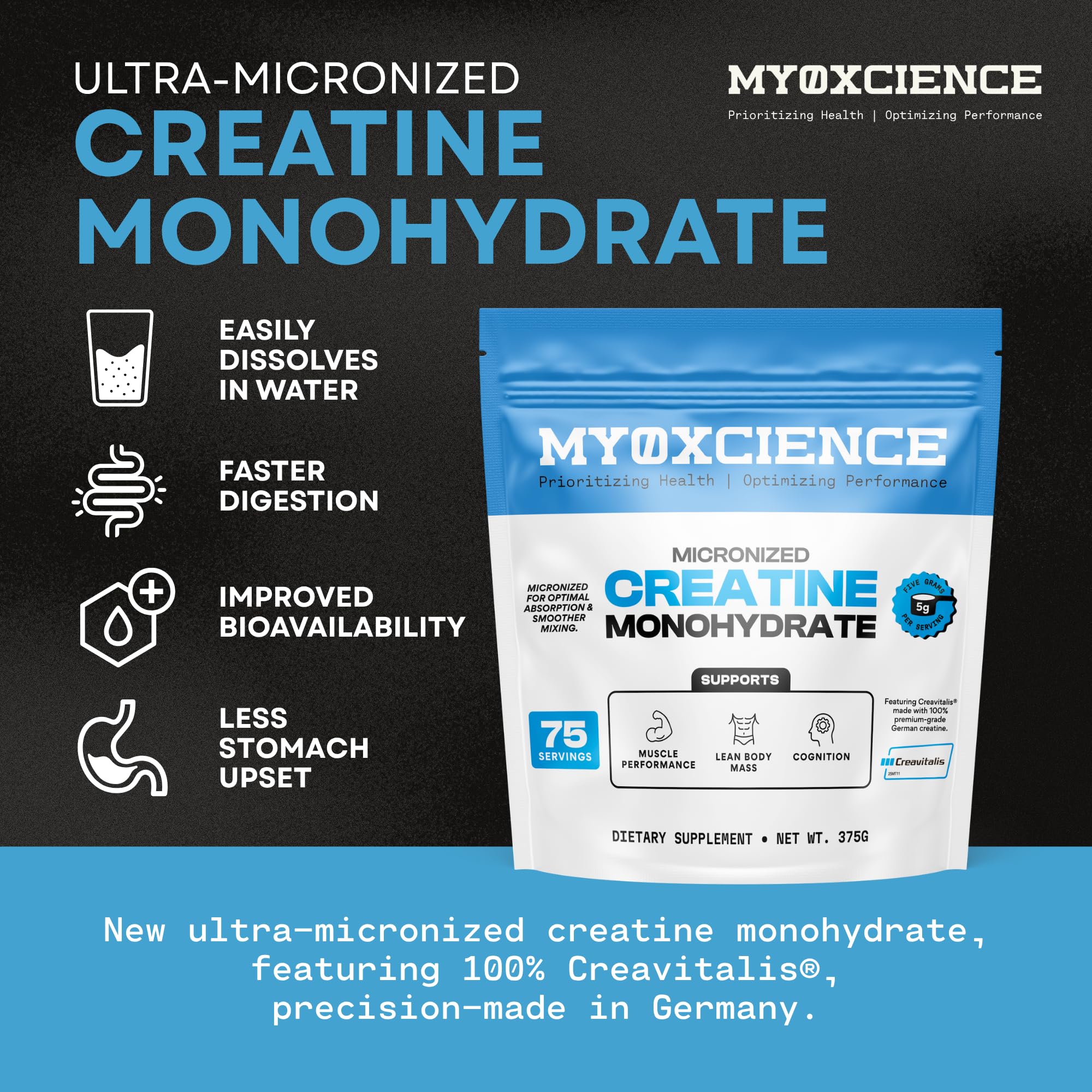 MYOXCIENCE Micronized Creavitalis Creatine | The World’s Purest Micronized Form of Creatine Monohydrate | Supports Muscle Performance, Lean Body Mass, & Cognition | 75 Servings MYOXCIENCE buy australia supplements