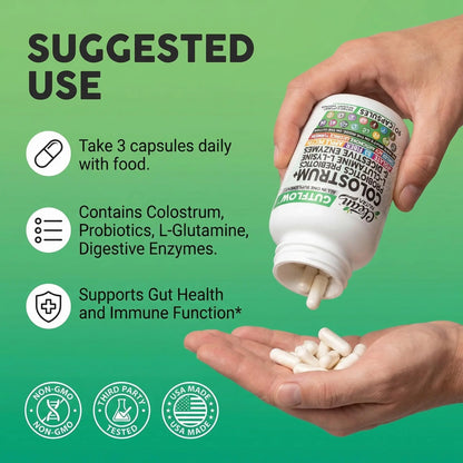 Clean Nutraceuticals Colostrum Supplement Capsules Probiotics Pills Prebiotics, L-Glutamine, Digestive Enzymes, Folate, Fiber, ACV, Turmeric, Apple Pectin and Turmeric Pills Clean Nutraceuticals