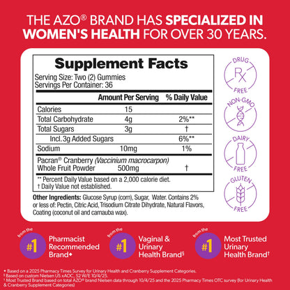 AZO Cranberry Urinary Tract Health Gummies Dietary Supplement, 2 Gummies = 1 Glass of Cranberry Juice, Helps Cleanse & Protect AZO