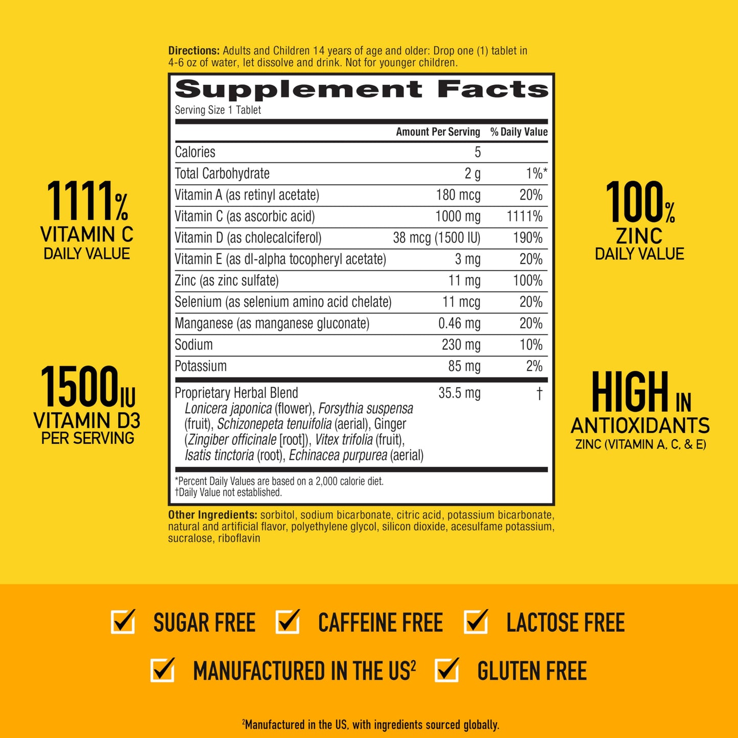 Airborne 1000mg Vitamin C with Vitamin D & Zinc, Sugar Free Multivitamin Immune Support Supplement, Antioxidants Vitamins A C & Vitamin E Airborne