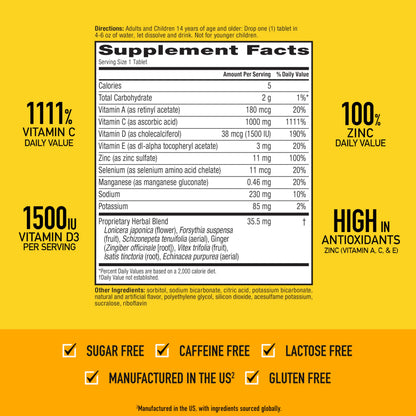 Airborne 1000mg Vitamin C with Vitamin D & Zinc, Sugar Free Multivitamin Immune Support Supplement, Antioxidants Vitamins A C & Vitamin E Airborne
