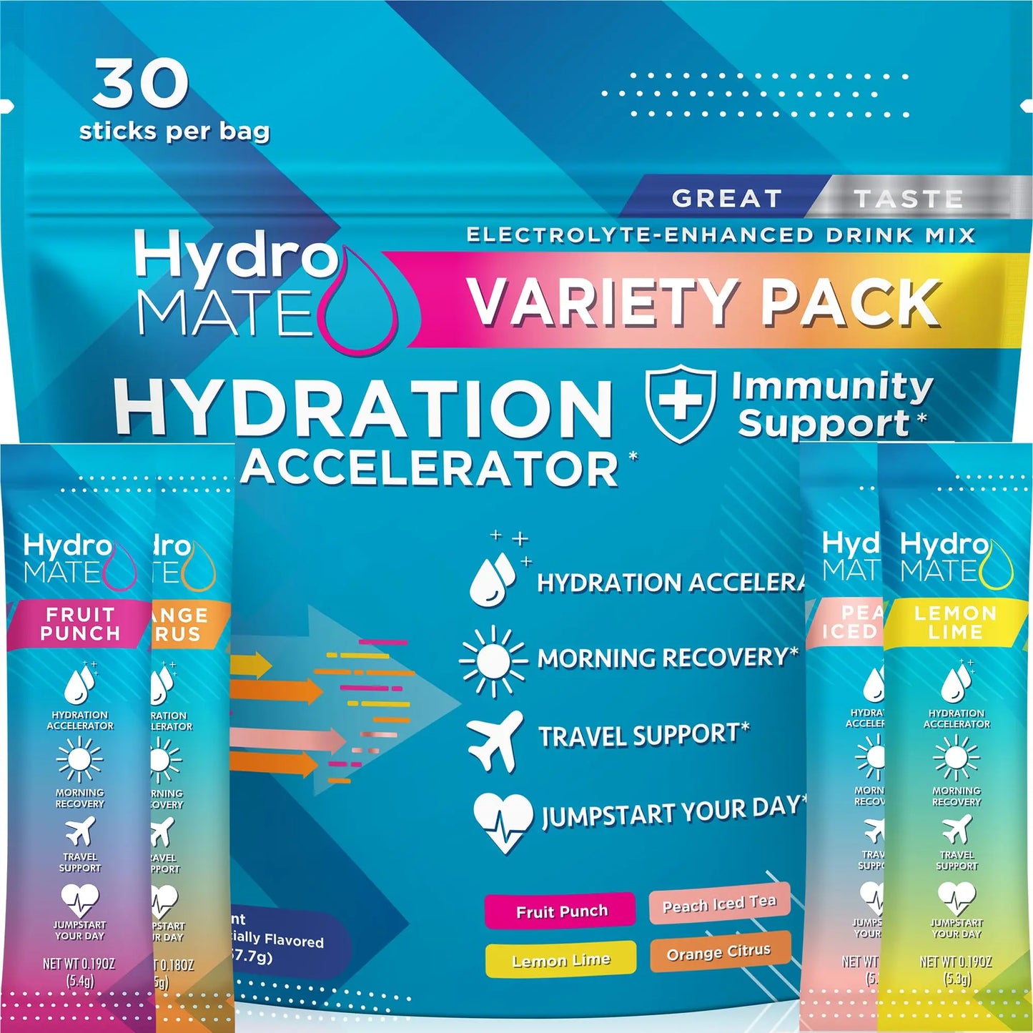 HydroMATE Electrolyte Powder Variety Pack Hydration Packets Low Sugar 30 Count NatureWorks