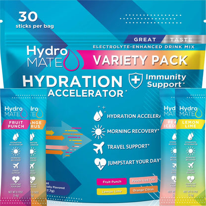 HydroMATE Electrolyte Powder Variety Pack Hydration Packets Low Sugar 30 Count NatureWorks