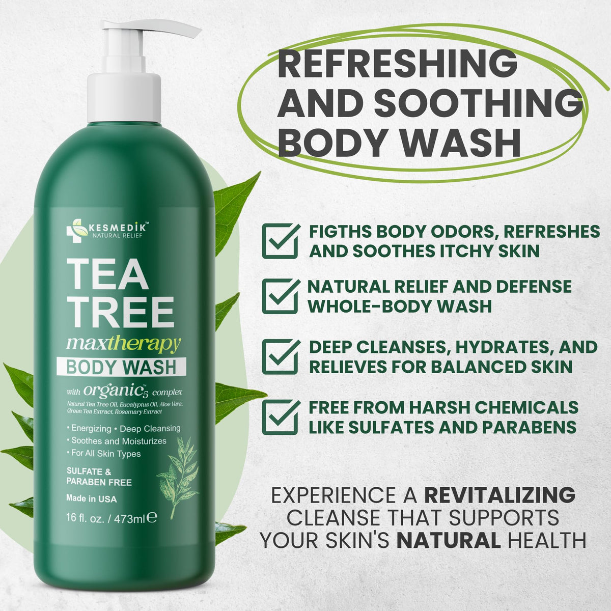 Tea Tree Body Wash MaxTherapy with 100% Tea Tree Oil for Skin, 2-Pack KESMEDIK