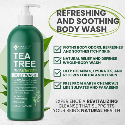 Tea Tree Body Wash MaxTherapy with 100% Tea Tree Oil for Skin, 2-Pack KESMEDIK