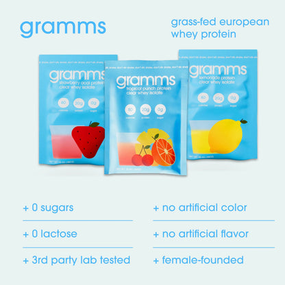 GRAMMS Clear Protein Powder Packets 20G Protein Sample Packets Variety Flavors for Women & Men | Lactose Free, Grass-Fed Whey Isolate, Gluten Free, Zero Sugar, Gut Friendly, Non-Bloating(9 Pack) GRAMMS