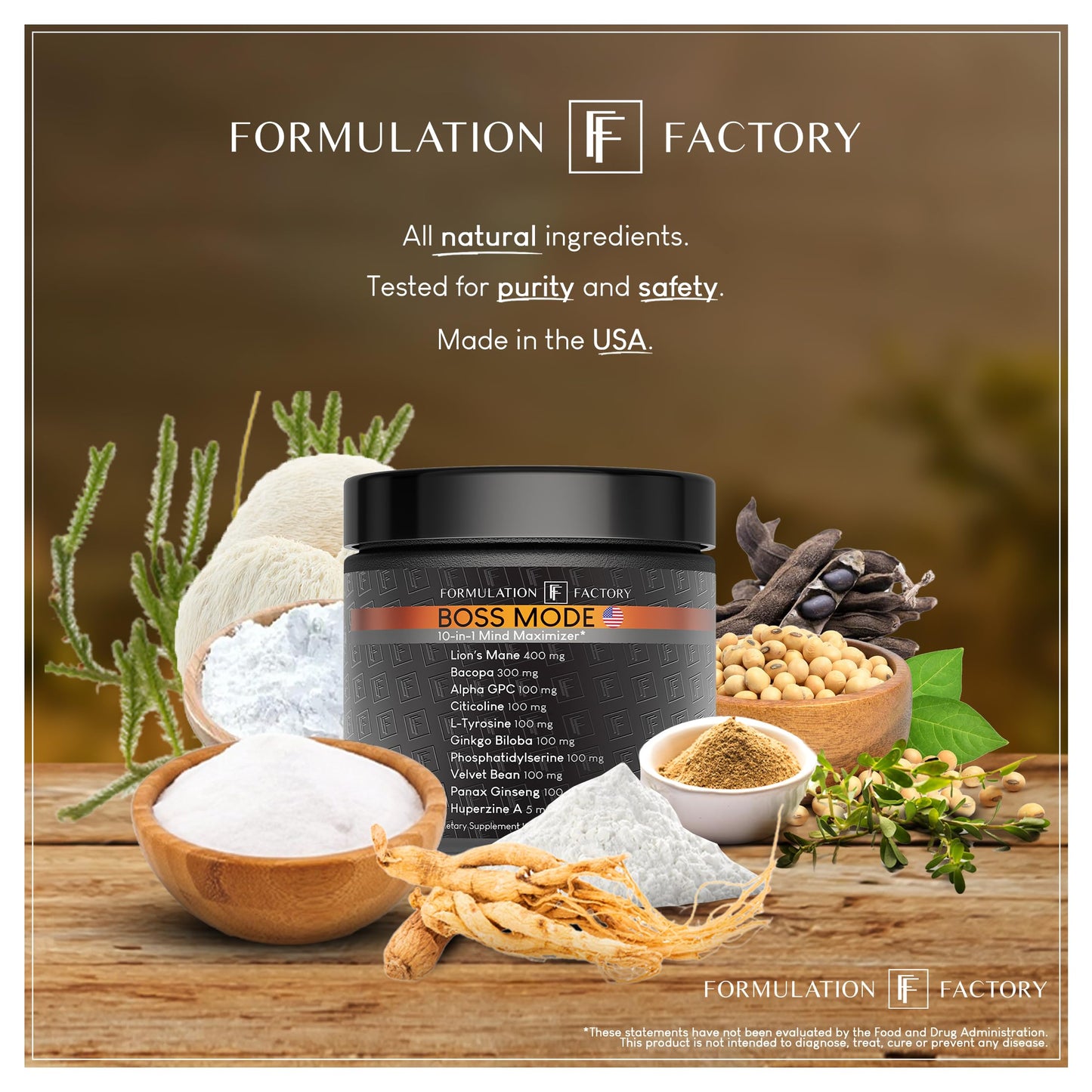 Formulation Factory BOSS Mode 10-in-1 Nootropic Complex with Lion's Mane, Alpha-GPC, Bacopa Monnieri, Ginkgo Biloba, Rhodiola, Formulation Factory