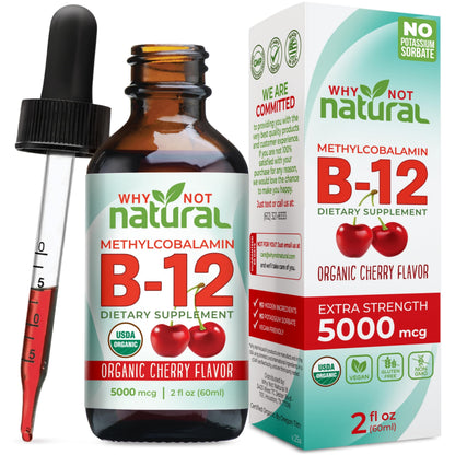 Why Not Natural Organic Vitamin B12 Liquid - Sublingual Extra Strength 60 x 5000 mcg Methylcobalamin Drops, Vegan, Why Not Natural