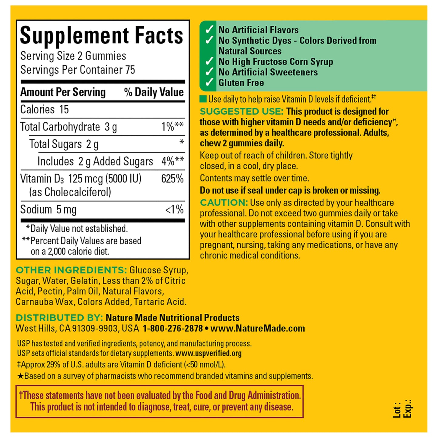 Nature Made Vitamin D3 5000 IU Per Serving Gummies Extra Strength, Bone and Immune Health Support, 150 Vitamin D Gummies for Adults, 75 Day Supply Nature Made