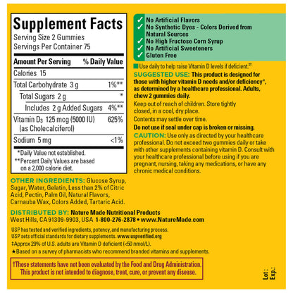 Nature Made Vitamin D3 5000 IU Per Serving Gummies Extra Strength, Bone and Immune Health Support, 150 Vitamin D Gummies for Adults, 75 Day Supply Nature Made