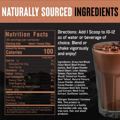 The Fittest Whole Feast Beef Protein Powder - Milk Chocolate - Grass Fed Nose to Tail Carnivore Blend Including Liver, Colostrum and Whole Bone - BCAAs - 14g Collagen, 21g Total Protein The Fittest Ever