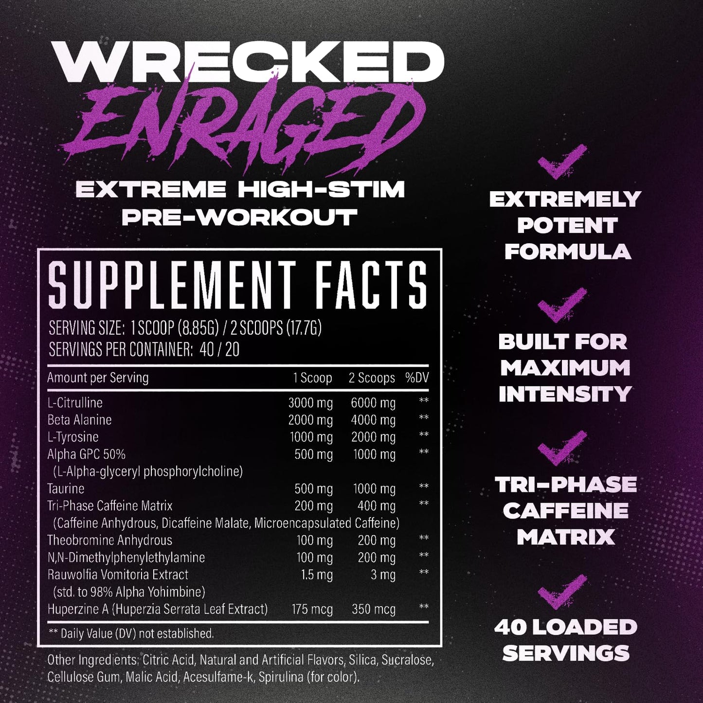 Wrecked Enraged High Stim Pre Workout - Extreme Hardcore Formula for Intense Energy, Laser Focus & Maximum Strength - Potent Stimulant Matrix - for Advanced Lifters, Not for Beginners (40 Servings)