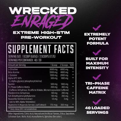 Wrecked Enraged High Stim Pre Workout - Extreme Hardcore Formula for Intense Energy, Laser Focus & Maximum Strength - Potent Stimulant Matrix - for Advanced Lifters, Not for Beginners (40 Servings)