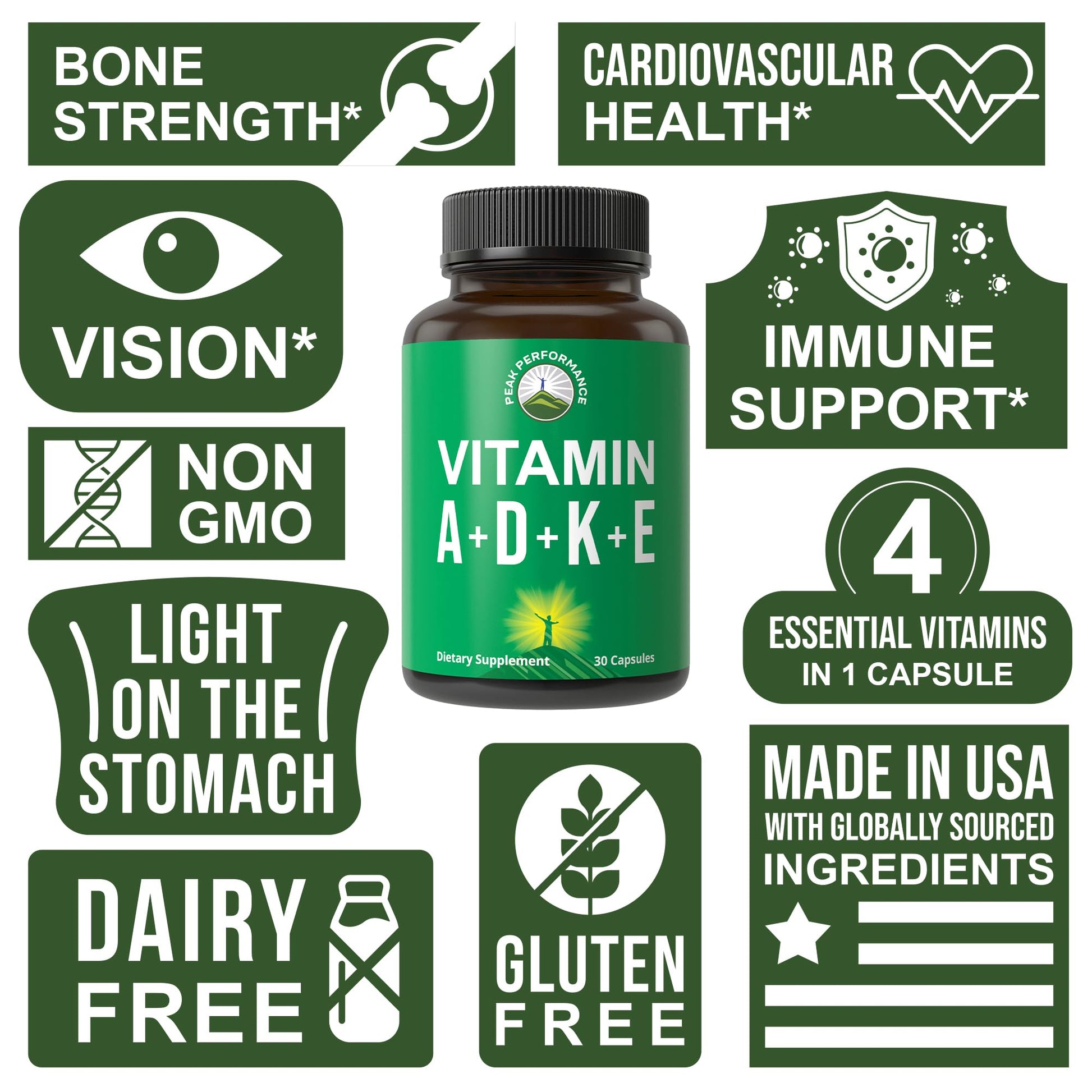 Peak Performance Vitamins D 5,000 iu + A + K + E All in 1 Easy to Swallow Vegan Capsule. ADK Vitamin Supplement with E D3 K2. Essential Vitamins for Mood, Immune, Bone, Vision, Heart Peak Performance buy australia supplements