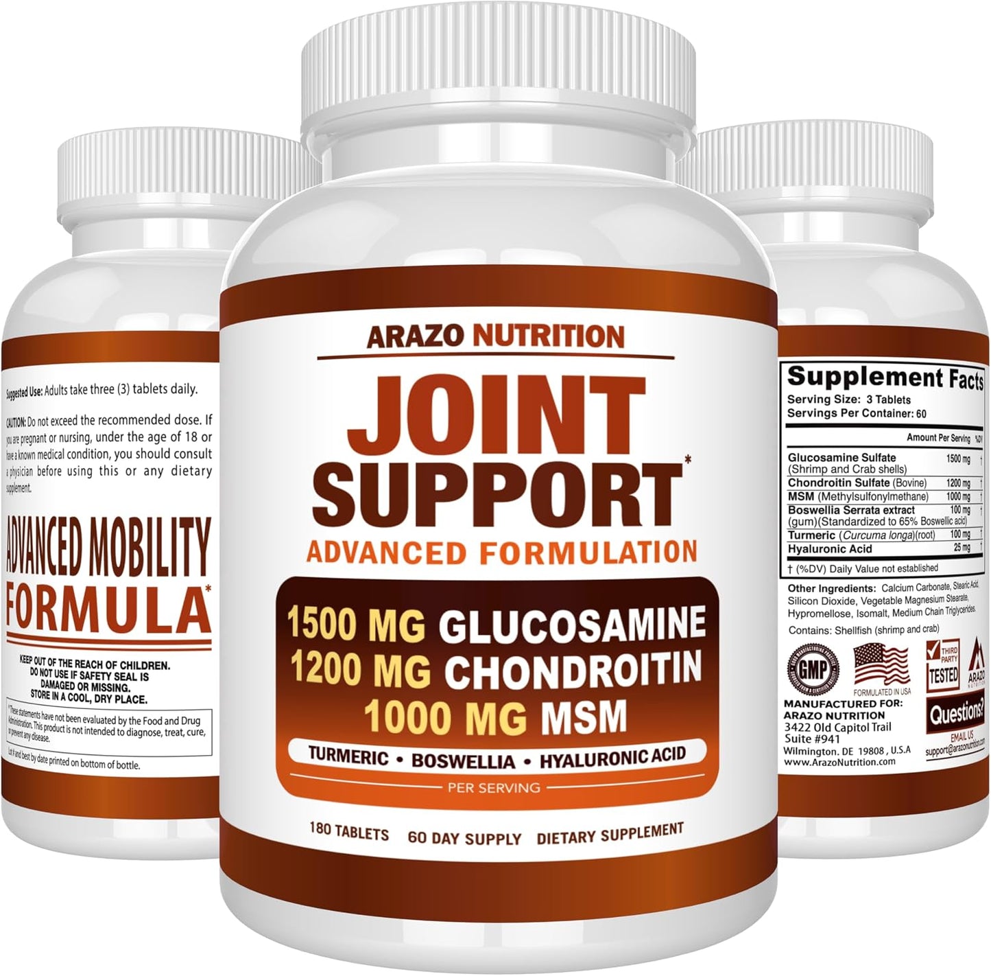 Arazo Nutrition Glucosamine Chondroitin Turmeric Msm Boswellia - Joint Support Supplement for Relief for Bones, Back, Knees, Hands (180 Tablets) Gsupps Australia