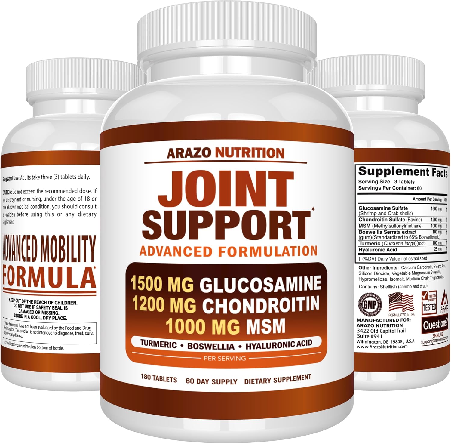 Arazo Nutrition Glucosamine Chondroitin Turmeric Msm Boswellia - Joint Support Supplement for Relief for Bones, Back, Knees, Hands (180 Tablets) Gsupps Australia