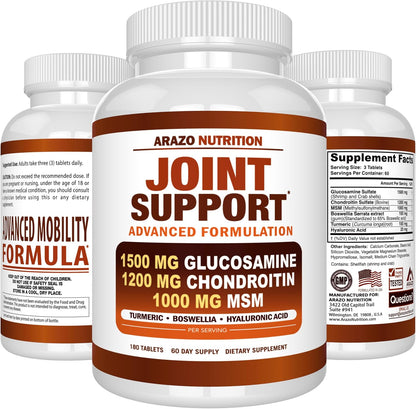 Arazo Nutrition Glucosamine Chondroitin Turmeric Msm Boswellia - Joint Support Supplement for Relief for Bones, Back, Knees, Hands (180 Tablets) Gsupps Australia