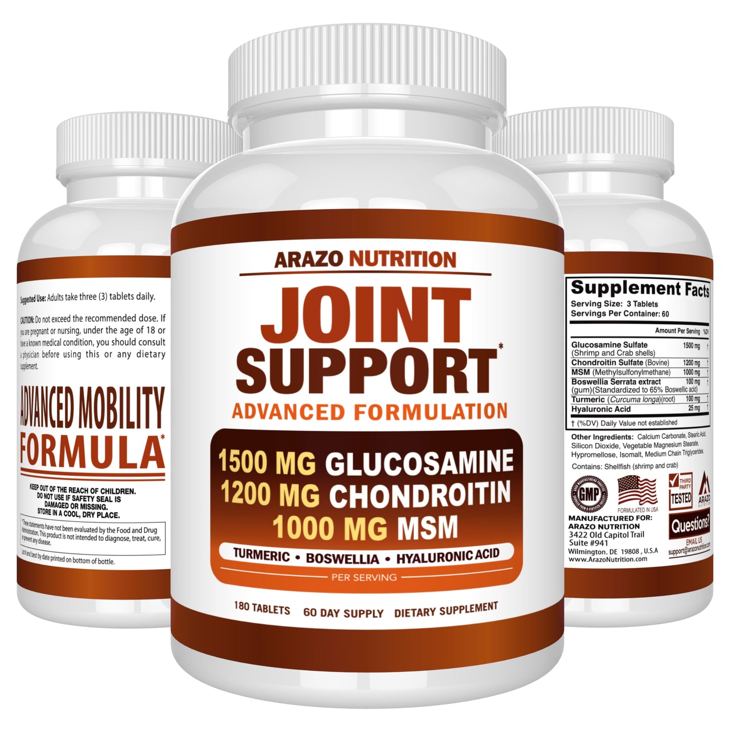 Arazo Nutrition Glucosamine Chondroitin Turmeric Msm Boswellia - Joint Support Supplement for Relief 180 Tablets for Bones, Back, dailyvitalstore