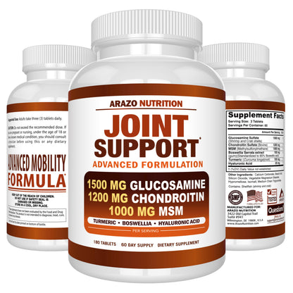 Arazo Nutrition Glucosamine Chondroitin Turmeric Msm Boswellia - Joint Support Supplement for Relief 180 Tablets for Bones, Back, dailyvitalstore