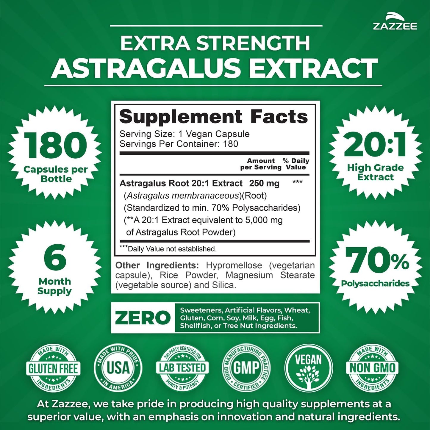 Zazzee Extra Strength Astragalus Root 20:1 Extract, 70% Polysaccharides | 180 Vegan Capsules, 6 Month Supply, Astragalus Membranaceus, Immune System Support, Non-GMO, Herbal Supplement, Made in USA Gsupps Australia