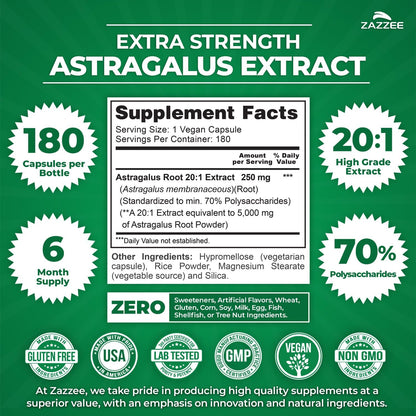 Zazzee Extra Strength Astragalus Root 20:1 Extract, 70% Polysaccharides | 180 Vegan Capsules, 6 Month Supply, Astragalus Membranaceus, Immune System Support, Non-GMO, Herbal Supplement, Made in USA Gsupps Australia